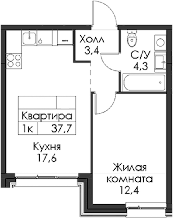 1-комнатная квартира 37.7 м², 8/12 эт., ЖК «Шкиперский 19»